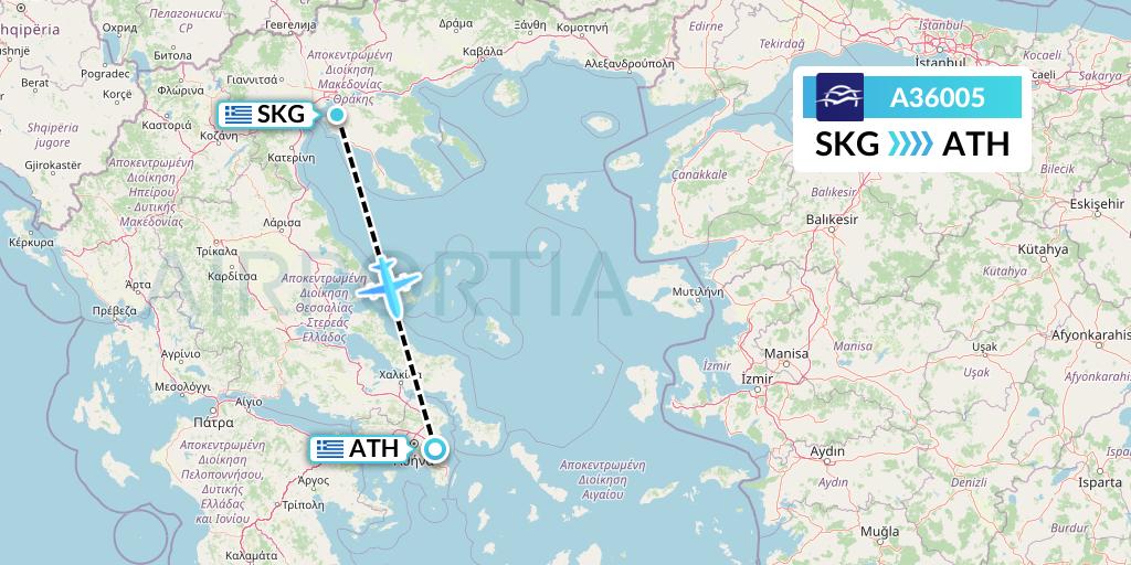 A36005 Aegean Airlines Flight Map: Thessaloniki to Athens