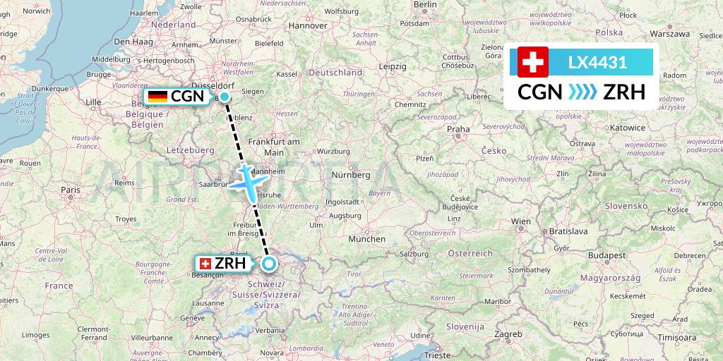 LX4431 Swiss Flight Map: Cologne to Zurich
