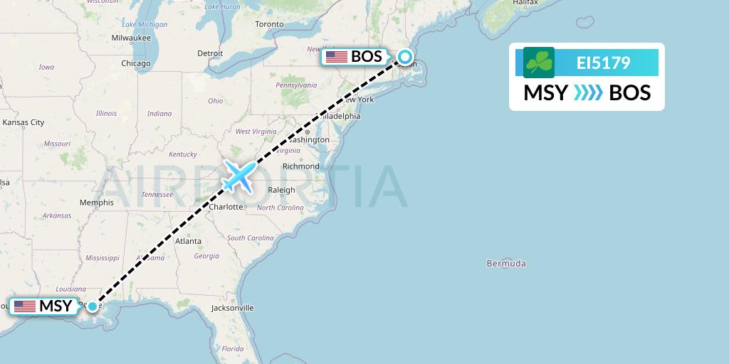 EI5179 Aer Lingus Flight Map: New Orleans to Boston
