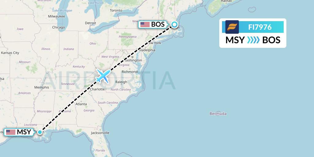 FI7976 Icelandair Flight Map: New Orleans to Boston