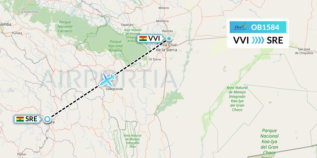 OB1584 Boliviana de Aviacion Flight Map: Santa Cruz to Sucre