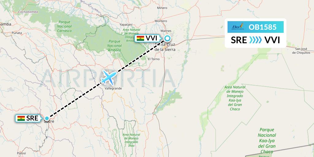 OB1585 Boliviana de Aviacion Flight Map: Sucre to Santa Cruz