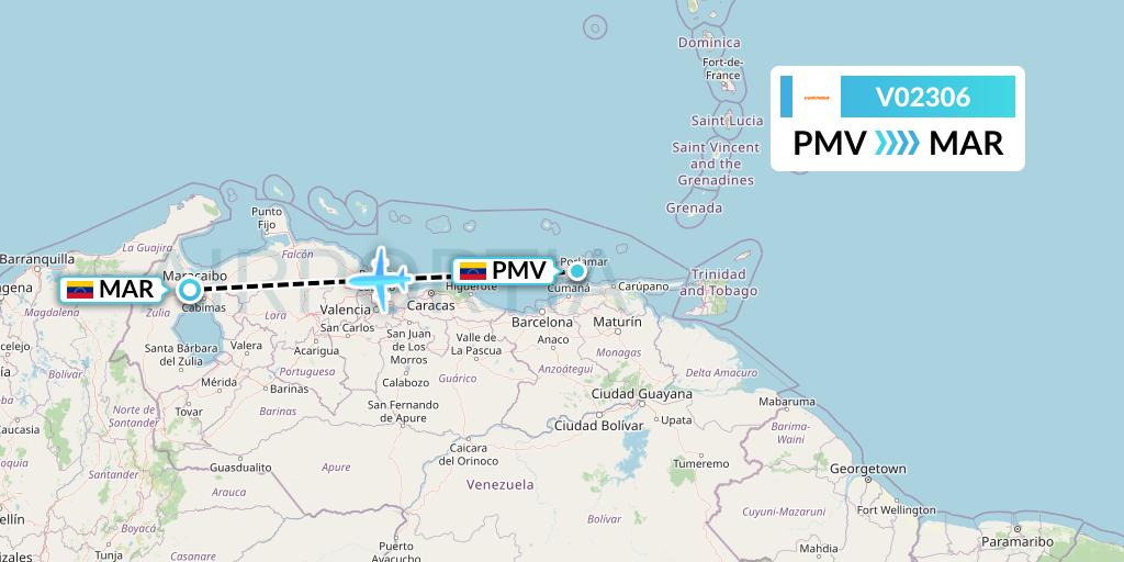 V02306 Conviasa Flight Map: Porlamar to Maracaibo