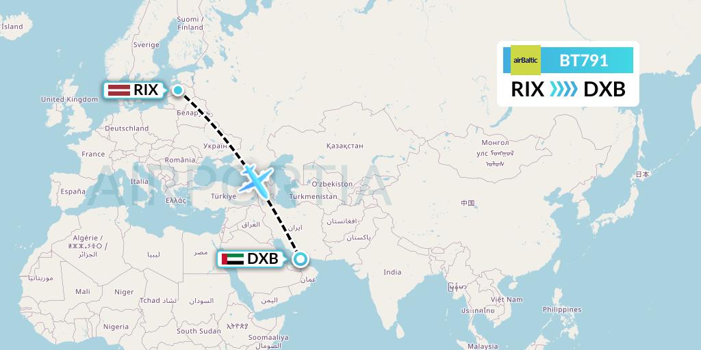 BT791 Air Baltic Flight Map: Riga to Dubai