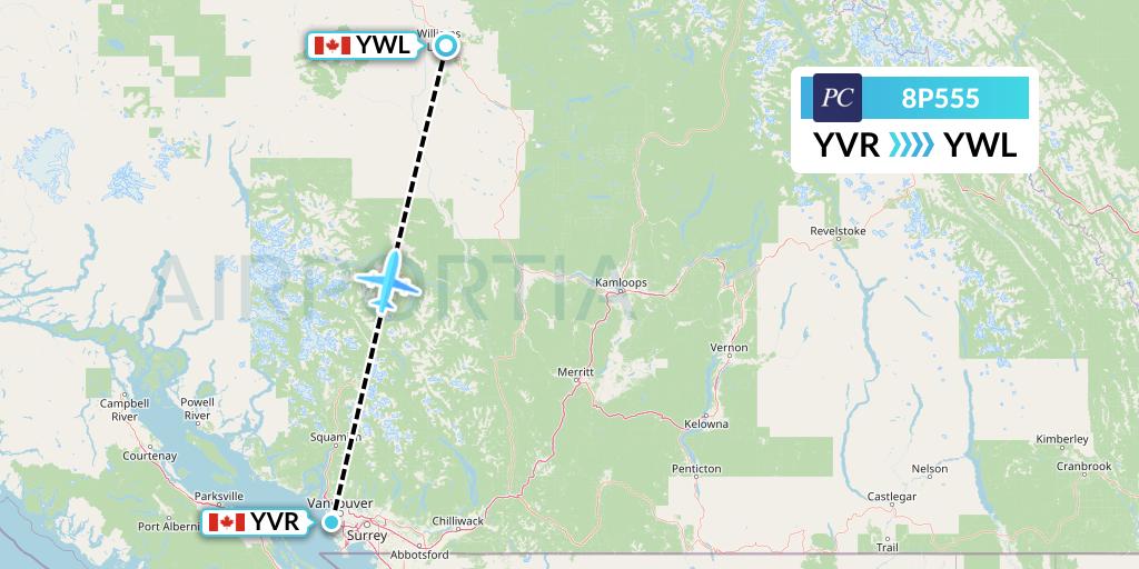 8P555 Pacific Coastal Airlines Flight Map: Vancouver to Williams Lake