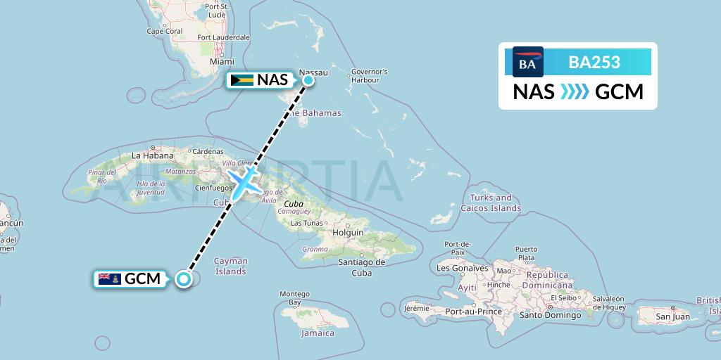 BA253 British Airways Flight Map: Nassau to George Town