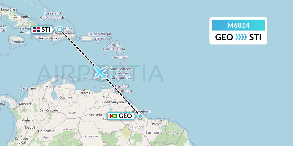 M6814 Amerijet International Flight Map: Georgetown to Santiago de los Caballeros