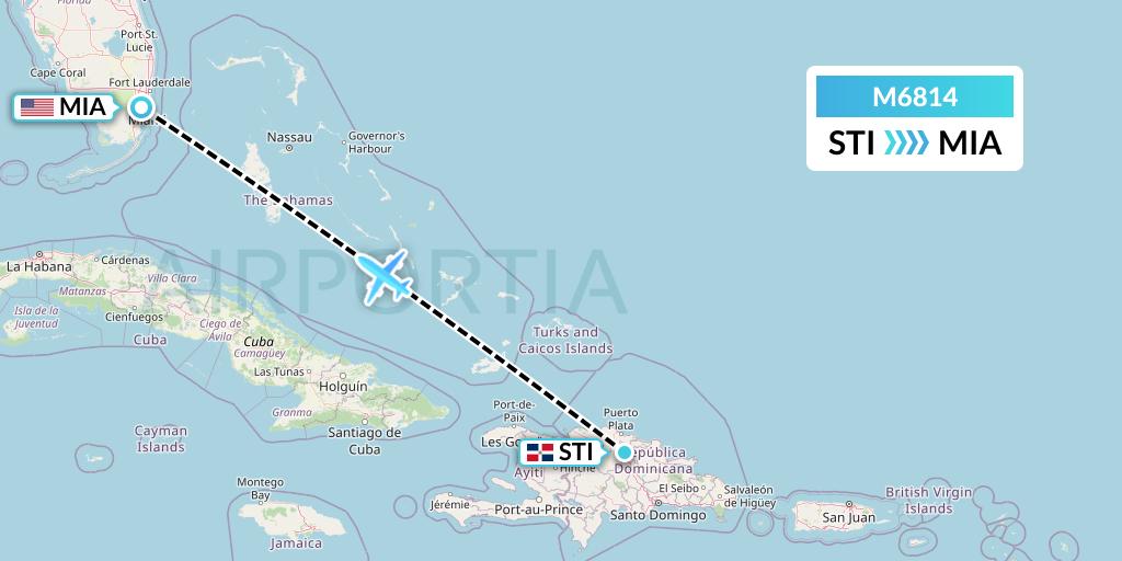 M6814 Amerijet International Flight Map: Santiago de los Caballeros to Miami
