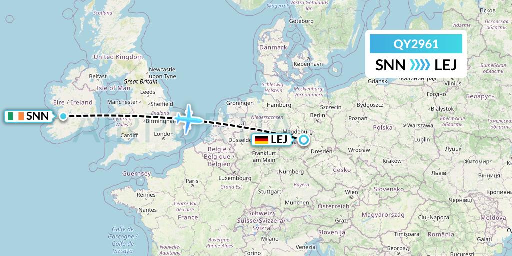 QY2961 European Air Transport Flight Map: Shannon to Leipzig