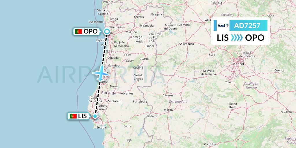 AD7257 Azul Brazilian Airlines Flight Map: Lisbon to Porto