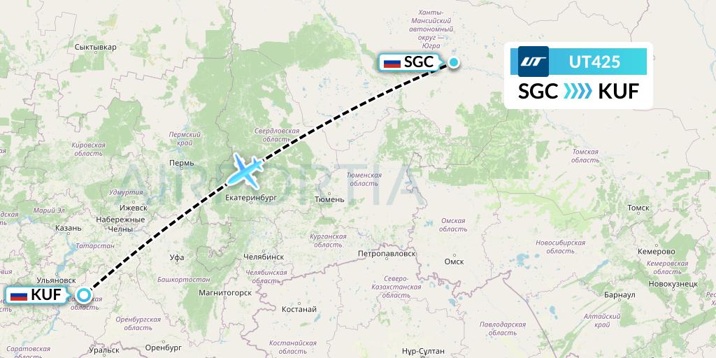 UT425 UTair Flight Map: Surgut to Samara