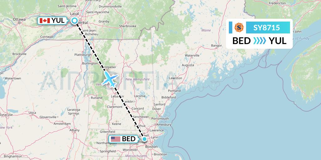 SY8715 Sun Country Airlines Flight Map: Bedford to Montreal