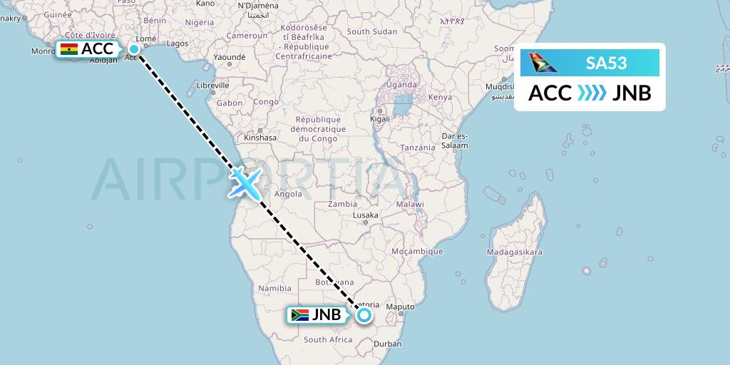 SA53 South African Airways Flight Map: Accra to Johannesburg