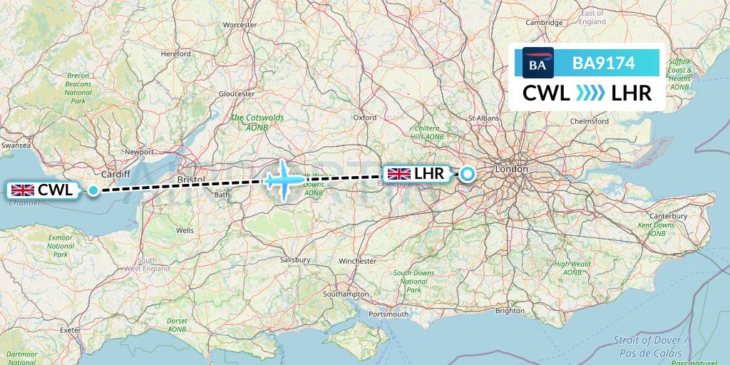 BA9174 British Airways Flight Map: Cardiff to London