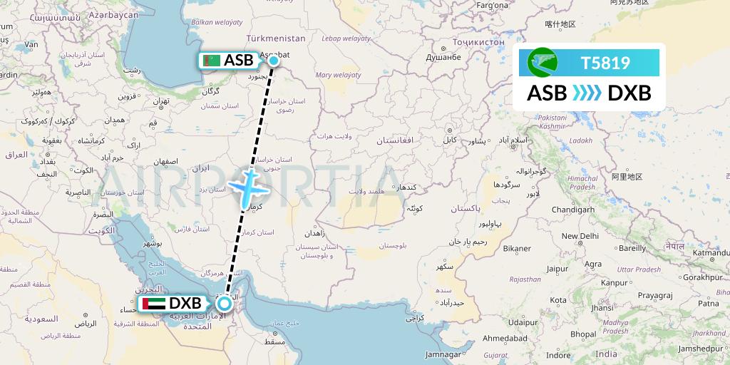 T5819 Turkmenistan Airlines Flight Map: Ashgabat to Dubai