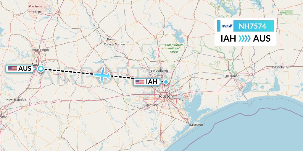 NH7574 All Nippon Airways Flight Map: Houston to Austin