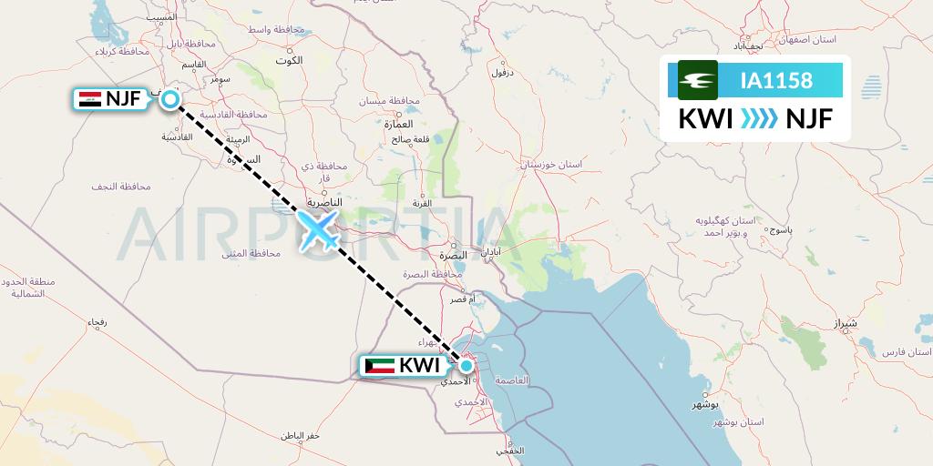 IA1158 Iraqi Airways Flight Map: Kuwait City to Najaf