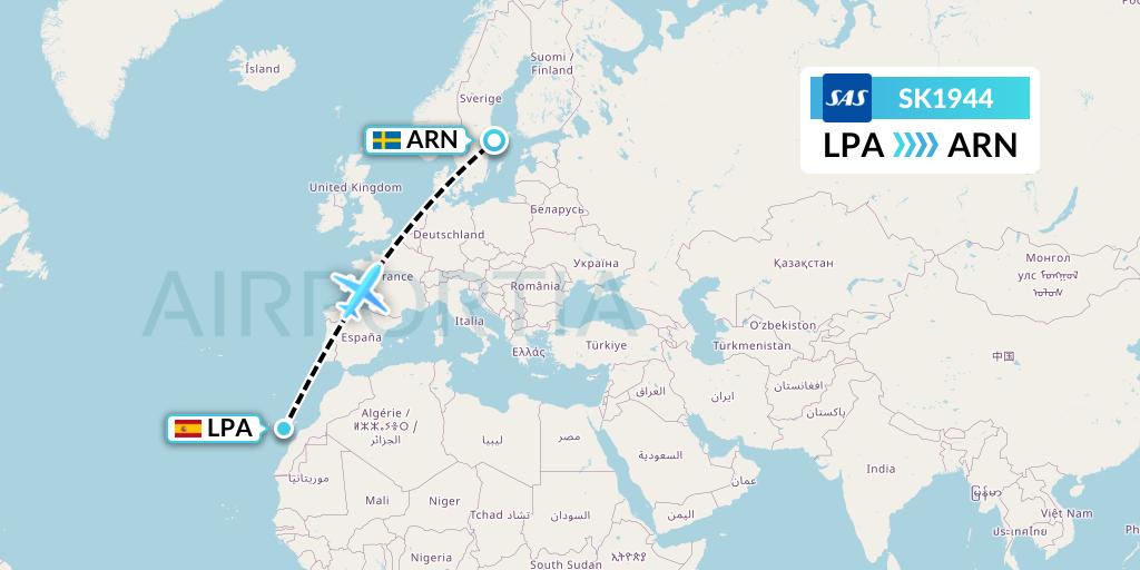 SK1944 SAS Flight Map: Las Palmas to Stockholm