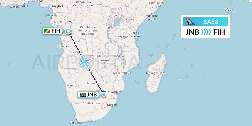 SA58 South African Airways Flight Map: Johannesburg to Kinshasa