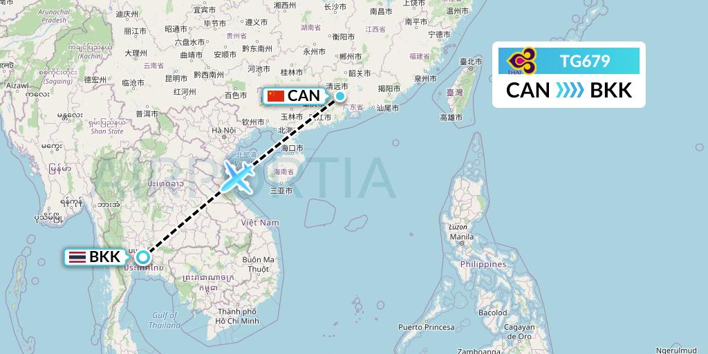 TG679 Thai Airways Flight Map: Guangzhou to Bangkok