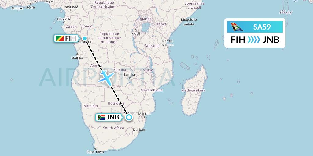 SA59 South African Airways Flight Map: Kinshasa to Johannesburg
