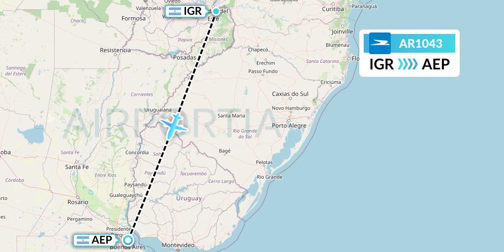 AR1043 Aerolineas Argentinas Flight Map: Puerto Iguazu to Buenos Aires