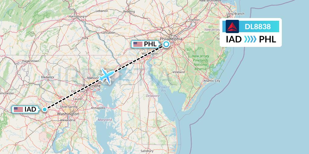 DL8838 Delta Air Lines Flight Map: Washington to Philadelphia