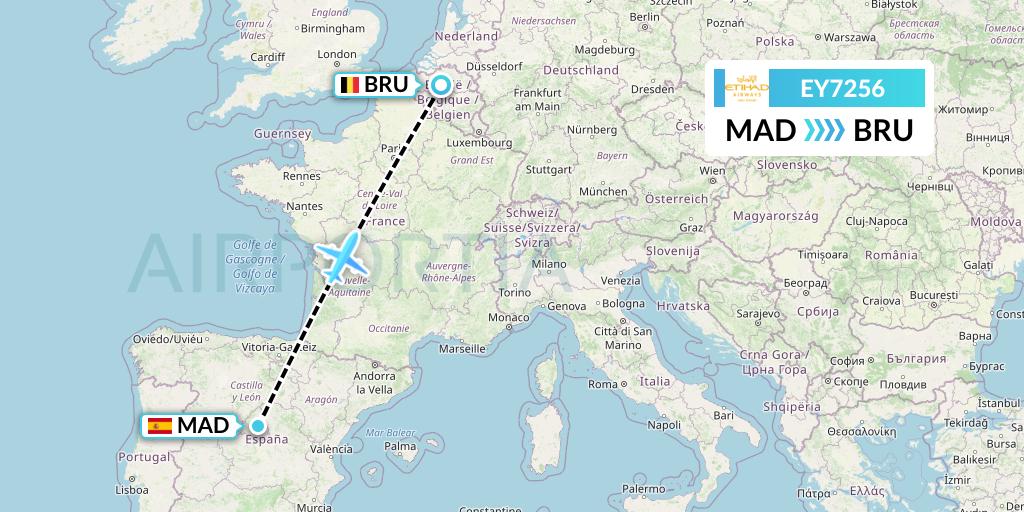 EY7256 Etihad Airways Flight Map: Madrid to Brussels
