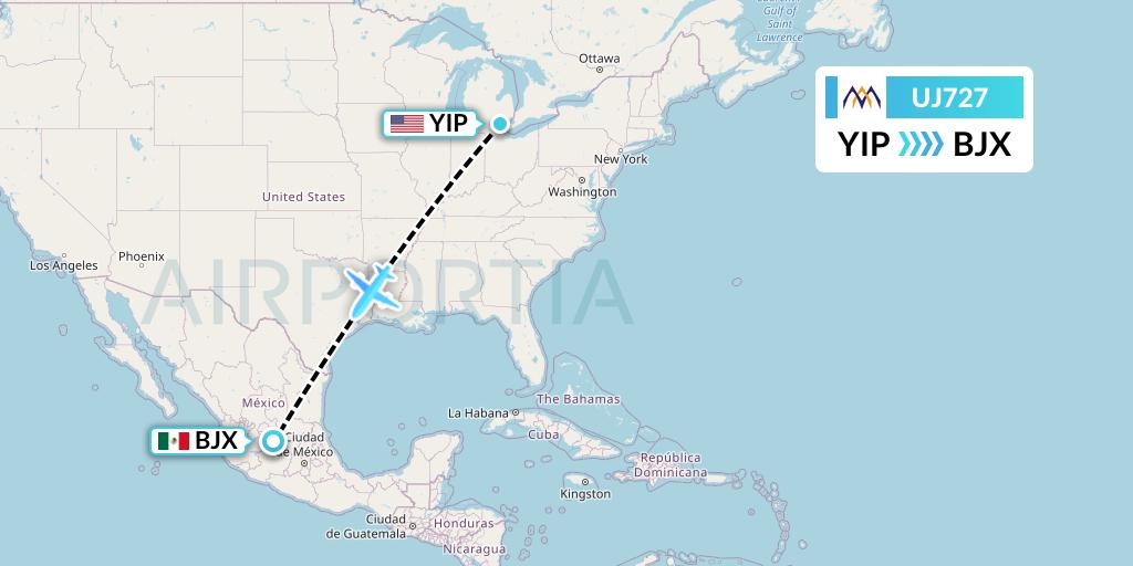 UJ727 AlMasria Universal Airlines Flight Map: Detroit to Silao