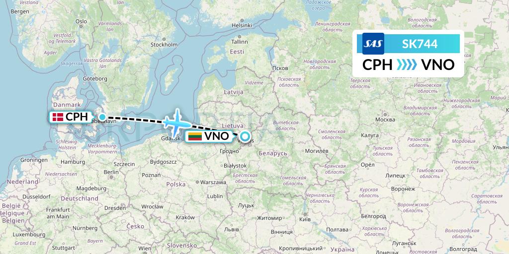 SK744 SAS Flight Map: Copenhagen to Vilnius