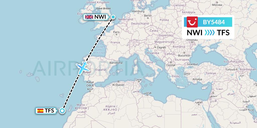 BY5484 TUI Airways Flight Map: Norwich to Tenerife