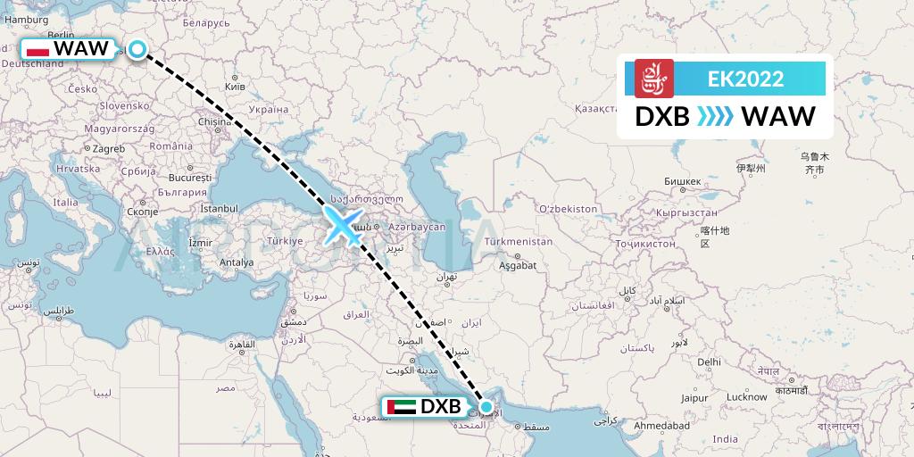 EK2022 Emirates Flight Map: Dubai to Warsaw