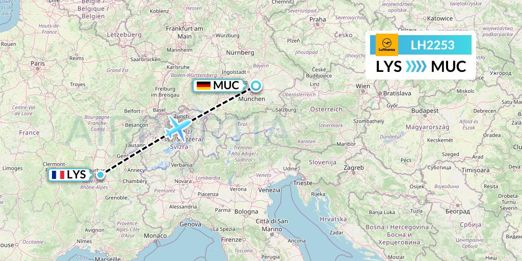 LH2253 Lufthansa Flight Map: Lyon to Munich