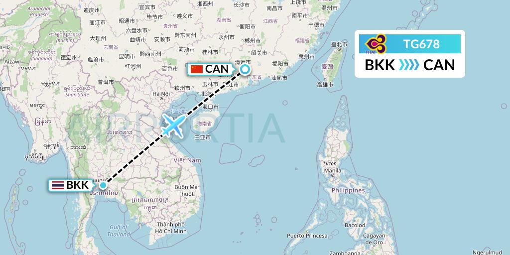 TG678 Thai Airways Flight Map: Bangkok to Guangzhou