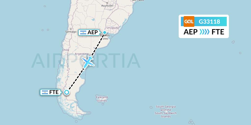 G33118 GOL Transportes Aeros Flight Map: Buenos Aires to El Calafate