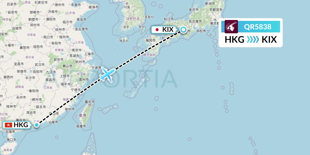 QR5838 Qatar Airways Flight Map: Hong Kong to Osaka
