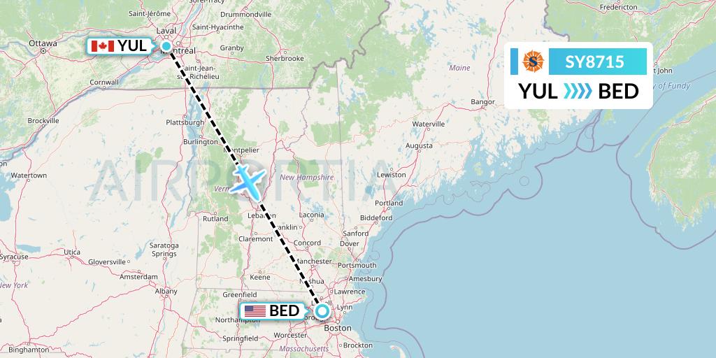 SY8715 Sun Country Airlines Flight Map: Montreal to Bedford