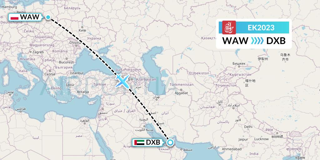 EK2023 Emirates Flight Map: Warsaw to Dubai