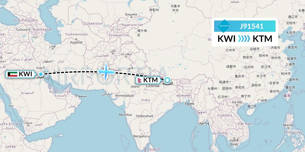 J91541 Jazeera Airways Flight Map: Kuwait City to Kathmandu