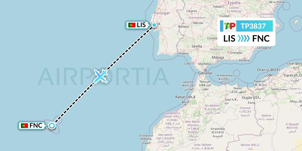 TP3837 TAP Portugal Flight Map: Lisbon to Funchal