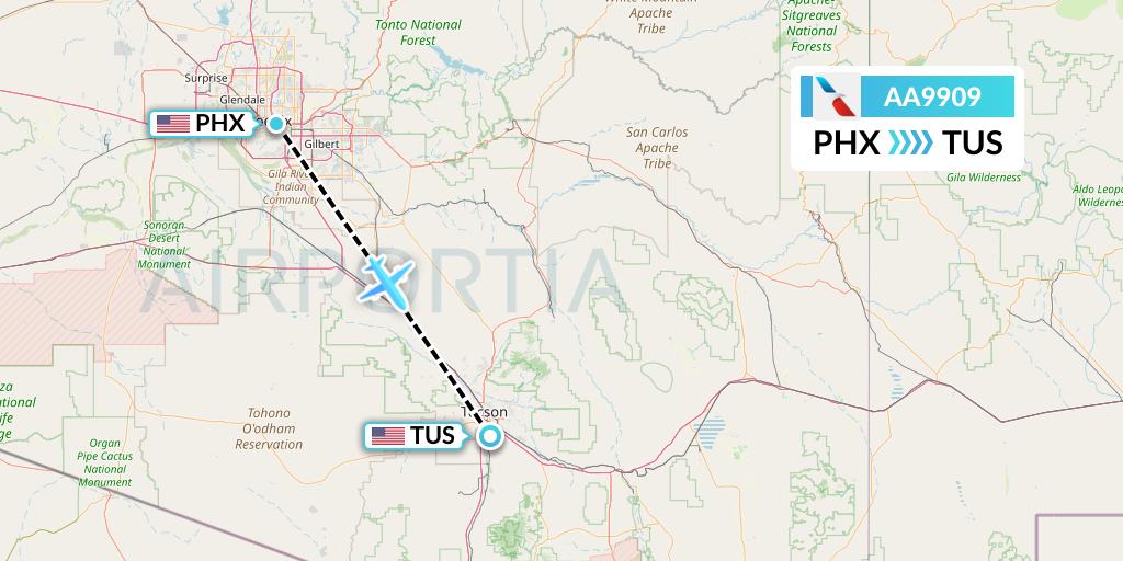AA9909 American Airlines Flight Map: Phoenix to Tucson