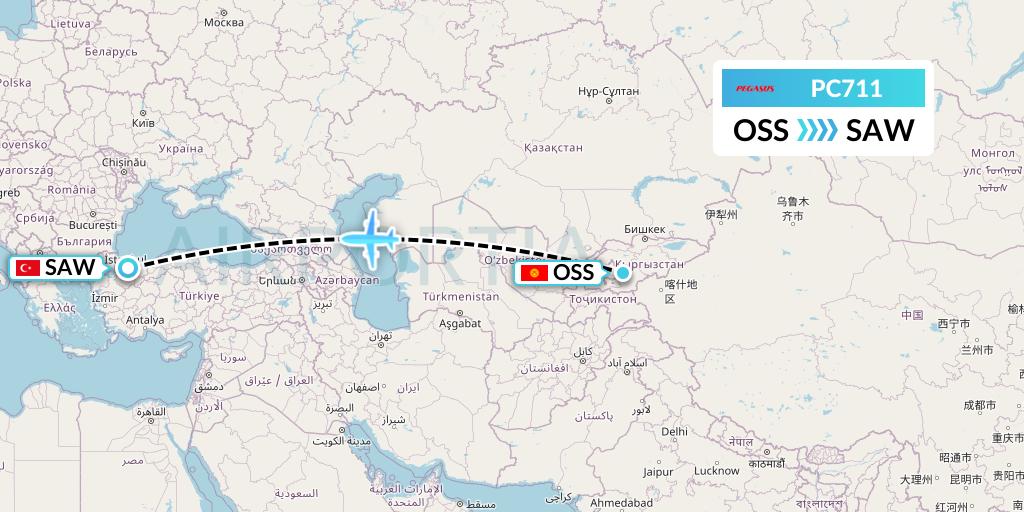 PC711 Pegasus Airlines Flight Map: Osh to Istanbul