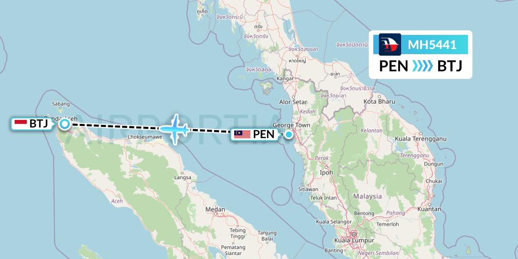 MH5441 Malaysia Airlines Flight Map: Penang to Banda Aceh