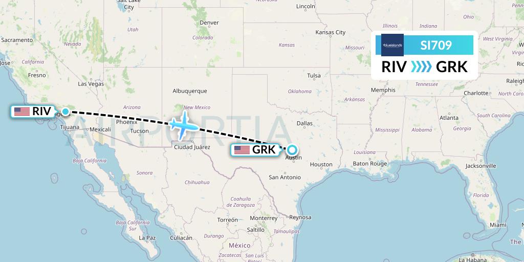 SI709 Blue Islands Flight Map: Riverside to Killeen