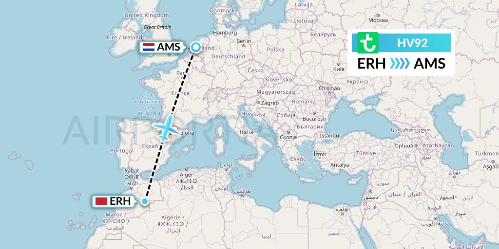 HV92 Transavia Flight Map: Errachidia to Amsterdam