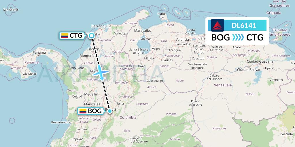 DL6141 Delta Air Lines Flight Map: Bogota to Cartagena