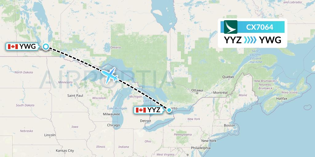 CX7064 Cathay Pacific Flight Map: Toronto to Winnipeg