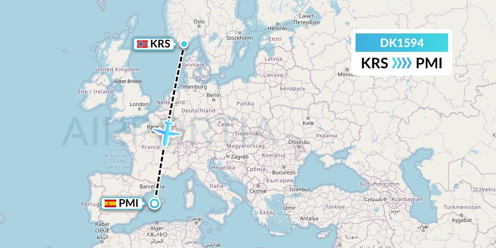 DK1594 Thomas Cook Airlines Scandinavia Flight Map: Kristiansand to Palma de Mallorca