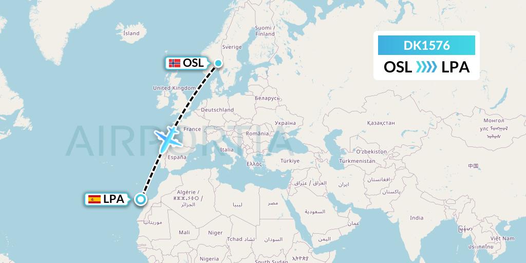 DK1576 Thomas Cook Airlines Scandinavia Flight Map: Oslo to Las Palmas