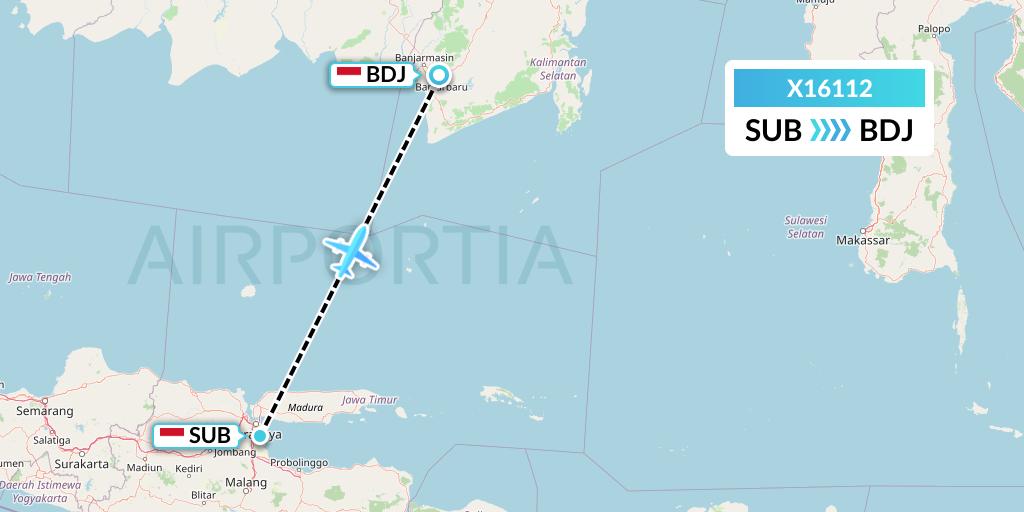 X16112 Nik Airways Flight Map: Surabaya to Banjarmasin